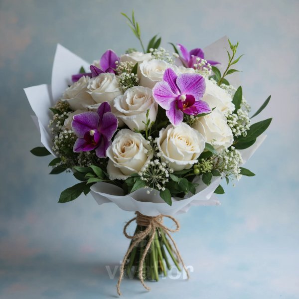 Buchet elegant cu trandafiri albi și orhidee violet