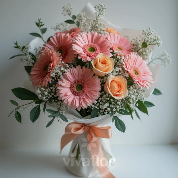 Buchet Elegant cu Gerbera Roz și Trandafiri Piersică