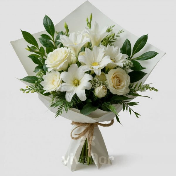 Buchet elegant cu lisianthus alb și frunze de monstera