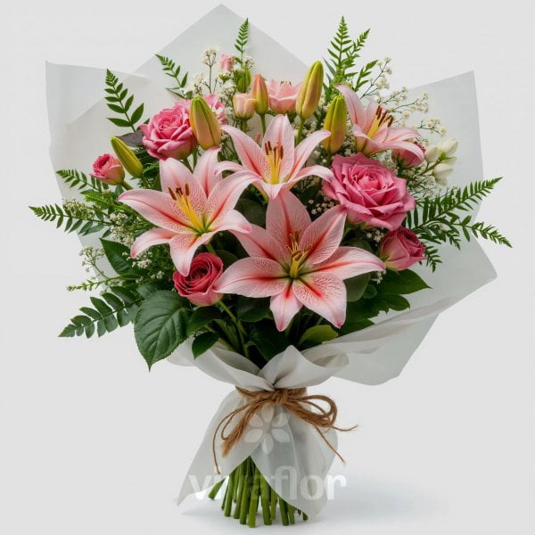 Buchet Elegant cu Crini Stargazer și Frezii Roz