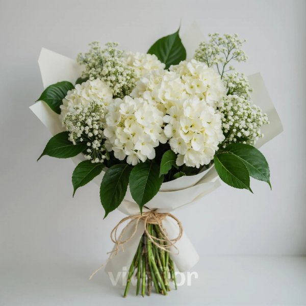 Buchet elegant cu hortensii albe și gypsophila